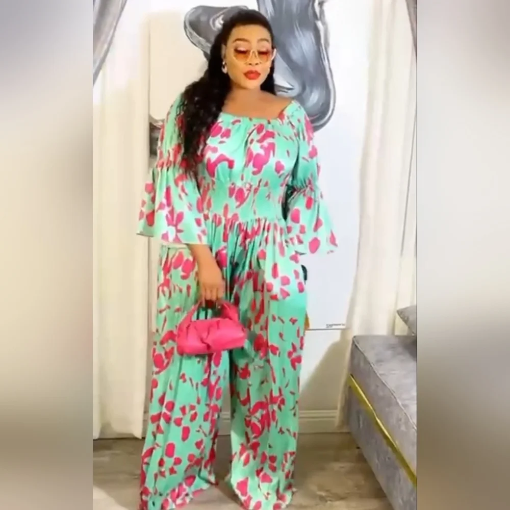💜Vibrant Sea Green and Pink Print Pleated Jumpsuit